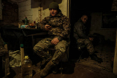 Servicemen rest at their positions near a frontline near the town of Chasiv Yar