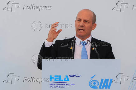 Israeli ambassador Reuven Azar gestures while speaking at the inauguration ceremony of Hela systems in Hyderabad