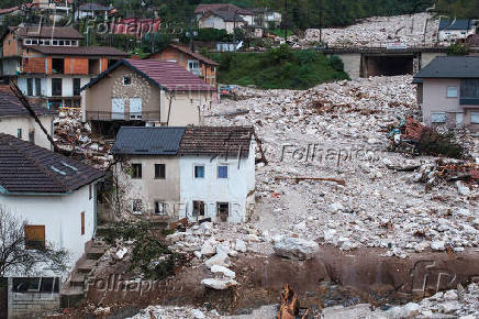 A drone view shows a flooded residential area in Donja Jablanica