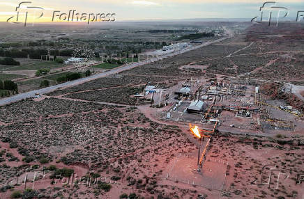 FILE PHOTO: A drone view shows a shale gas flare in the Vaca Muerta formation outside the Patagonian oil and gas town Anelo