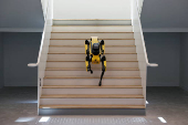 A Boston Dynamics dog robot descends a staircase in the CMA CGM Tangram innovation and formation campus, in Marseille