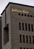 A logo is pictured on Swiss private bank Julius Baer building in Geneva