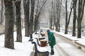 Municipal worker removes snow from benches in a park during a snowfall in Kyiv