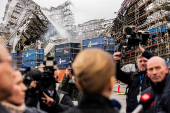 Denmark's PM Frederiksen visits the site of a fire at the Old Stock Exchange (Borsen), in Copenhagen