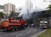 Bombeiros tentam conter incndio em viaduto em SP