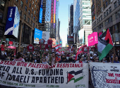 People walk in demonstration, nearly one year after Hamas' October 7, 2023 attack in southern Israel, in New York City