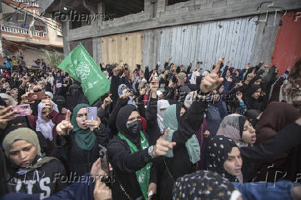 Apoiadores palestinos do movimento islmico Hamas participam de manifestao