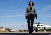 Democratic presidential nominee U.S. Vice President Kamala Harris boards Air Force Two to depart for Michigan