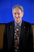 Geoffrey Hinton, Nobel laureate in physics, looks on during a press conference, in Stockholm