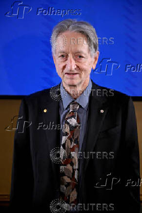 Geoffrey Hinton, Nobel laureate in physics, looks on during a press conference, in Stockholm