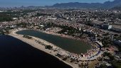 A drone view shows people enjoying the artificial pond known as Piscinao de Ramos in Rio de Janeiro