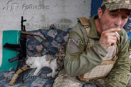 Ukrainian serviceman smokes while a cat sleeps next to his Kalashnikov AK-74 assault rifle at a position in a front line in Donetsk region