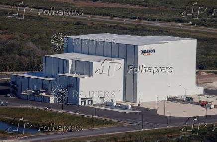 Amazon's Project Kuiper facility is shown in an aerial image at the Kennedy Space Center in Cape Canaveral