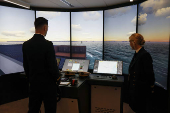 A student captain trains in a boat pilot simulator in the CMA CGM Tangram innovation and formation campus, in Marseille