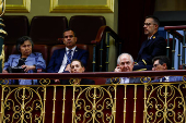 Carolina Gonzalez, daughter of Venezuelan opposition presidential candidate Edmundo Gonzalez, and Venezuelan opposition leader Antonio Ledezma attend a debate at the Spanish parliament, in Madrid