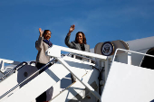 Democratic presidential nominee U.S. Vice President Kamala Harris boards Air Force Two to depart for Michigan