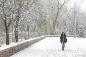 Woman walks along a street during a snowfall in Kyiv