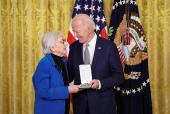 U.S President Biden gives the Presidential Citizens Medal, one of the country's highest civilian honors, during a ceremony at the White House in Washington