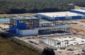 The Blue Origin manufacturing facility is shown in an aerial view at the Kennedy Space Center