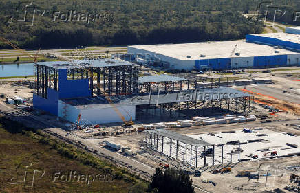 The Blue Origin manufacturing facility is shown in an aerial view at the Kennedy Space Center