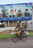 A man rides a bicycle in Saki, Crimea