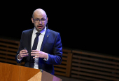 Demis Hassabis speaks during Nobel Prize lecture in chemistry in Stockholm