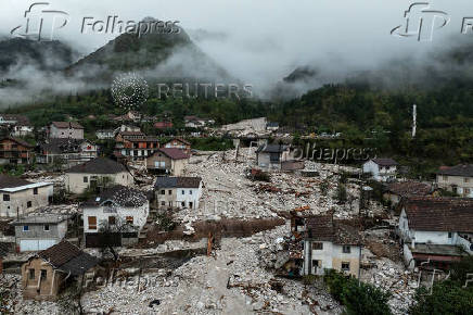 A drone view shows a flooded residential area in Donja Jablanica