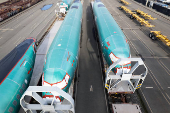 FILE PHOTO: A drone view shows Boeing 737 MAX fuselages atop rail cars at a train yard in Seattle