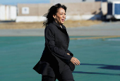 Democratic presidential nominee and U.S. Vice President Harris boards Air Force Two upon her departure from San Francisco, California