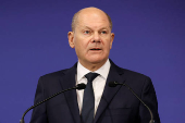 German Chancellor Olaf Scholz holds a press conference during an informal EU summit in Budapest