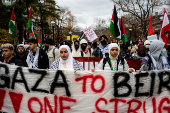 Protest in front of the residence of the University of Michigan's president, in Ann Arbor