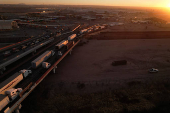 Trucks queue to cross into the United States at Zaragoza-Ysleta border crossing, in Ciudad Juarez