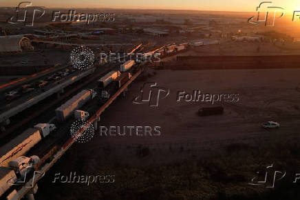 Trucks queue to cross into the United States at Zaragoza-Ysleta border crossing, in Ciudad Juarez