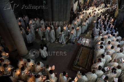 Catholic Washing of the Feet ceremony on Easter Holy Week in the Church of the Holy Sepulchre in Jerusalem's Old City