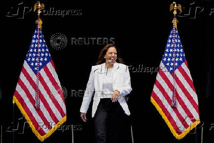 FILE PHOTO: Democratic presidential nominee and U.S. Vice President Kamala Harris delivers remarks at a campaign rally in Savannah