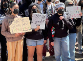 University of Southern California (USC) students protest in support of valedictorian Asna Tabassum, whose commencement speech was cenceled by the university, in Los Angeles