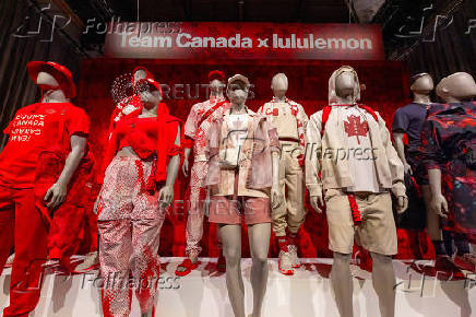 Lululemon Athletica's Team Canada uniforms for the Paris 2024 Olympics are displayed on mannequins, in Toronto