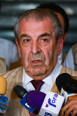 Eduardo Frei, former president of Chile speak to the media after a private meeting with Dominican Republic's President Luis Abinader, in Santo Domingo