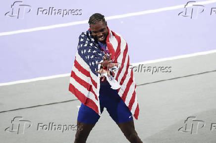 Final masculina de 100m no atletismo, nas Olimpadas de Paris 2024