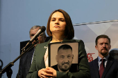 Belarus' exiled opposition leader SviatlanaTsikhanouskaya speaks during a press conference, in Warsaw