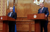 Jordan's Foreign Minister Ayman Safadi speaks during a joint news conference with the EU's High Representative for Foreign And Security Policy, Josep Borrell, in Amman