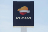 The logo of Repsol is seen near a fuel station in Malaga