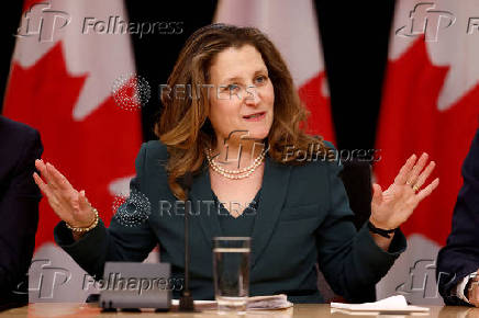 FILE PHOTO: Canada's Deputy Prime Minister and Minister of Finance Chrystia Freeland takes part in a press conference in Ottawa