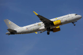 An Airbus A320-2271N passenger aircraft of Vueling (We Love Places Livery) airline takes off from Malaga-Costa del Sol airport, in Malaga