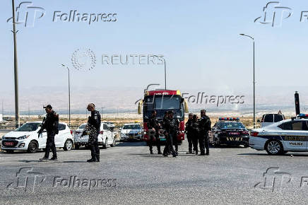 Israeli police patrol the area near Allenby Bridge Crossing between the West Bank and Jordan following shooting incident in the crossing in Israeli-occupied West Bank