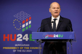 German Chancellor Olaf Scholz holds a press conference during an informal EU summit in Budapest