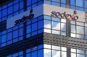 FILE PHOTO: The logo of French food services and facilities management group Sodexo is seen at the company headquarters in Issy-les-Moulineaux near Paris