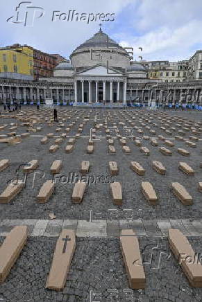 Cardboard coffins fill Naples square to denounce work-related deaths in Italy