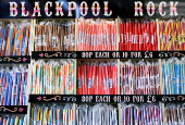 'Blackpool Rock' candies are displayed in a shop in Blackpool