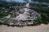 A drone view shows a flooded residential area in Donja Jablanica